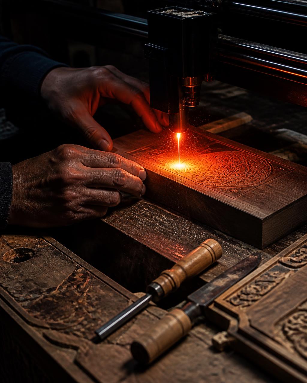 Artisan hands guiding hardwood under a laser engraver in the Hindsight workshop