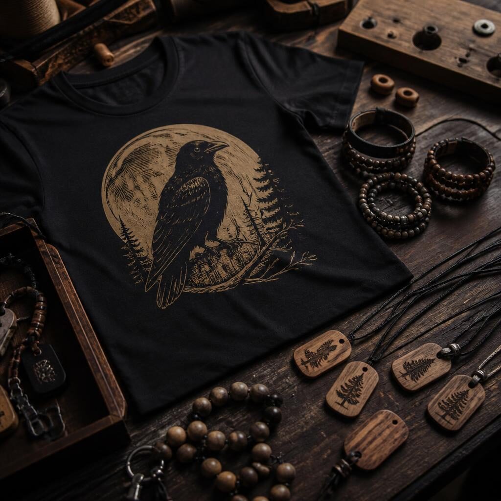 Custom printed t-shirt and handmade wood and leather bracelet
